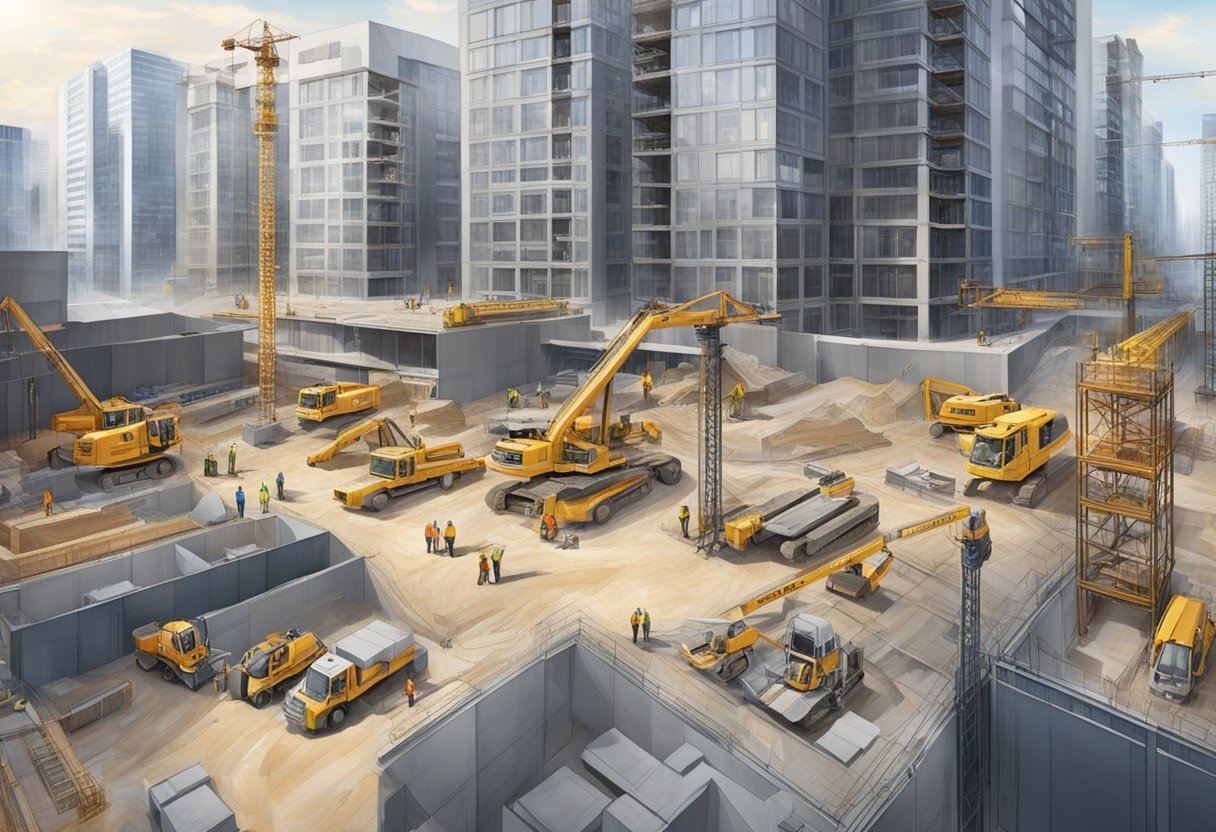 A bustling construction site in Toronto with cranes, scaffolding, and workers in hard hats