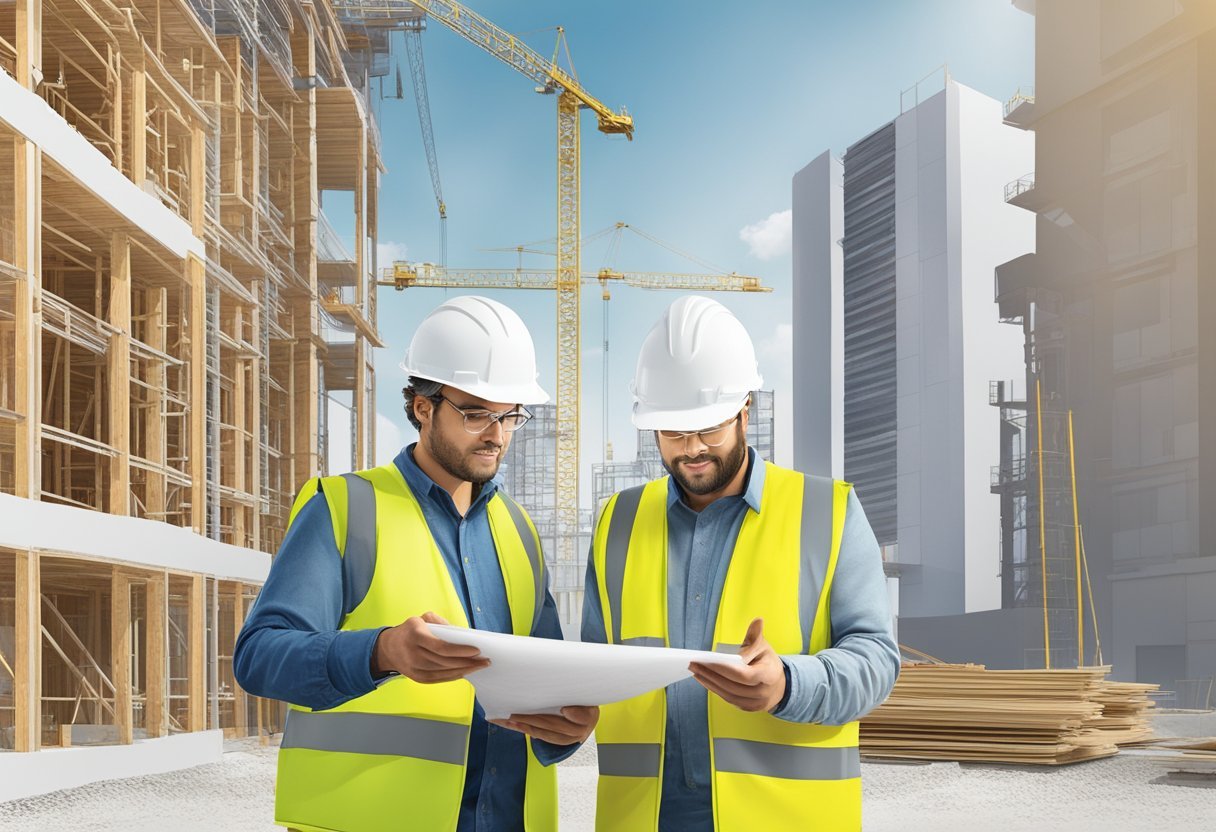 A project manager and general contractor discussing plans at a construction site in Toronto