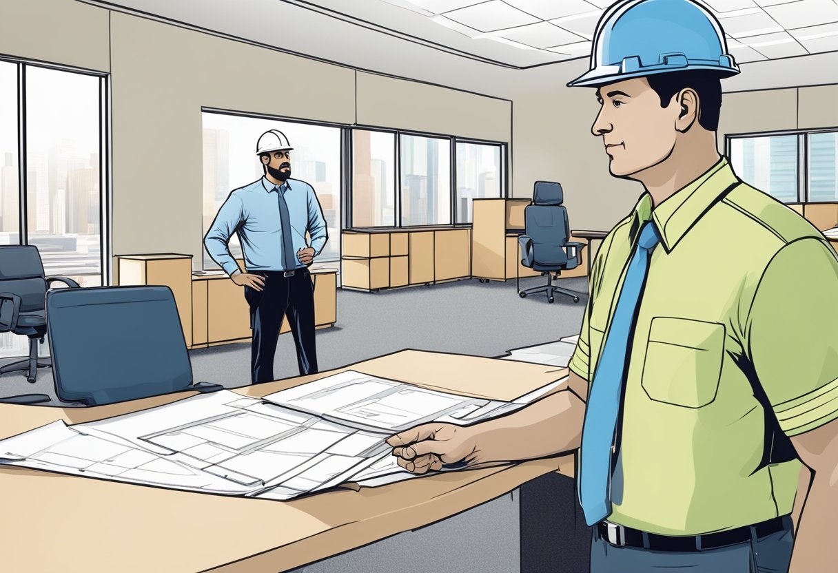 A general contractor in Toronto fielding questions from clients in an office setting. Blueprints and construction materials visible in the background