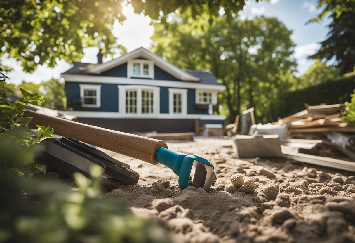 A charming beachside house in Toronto undergoes a renovation by ELJ contractors, with tools and materials scattered around the site