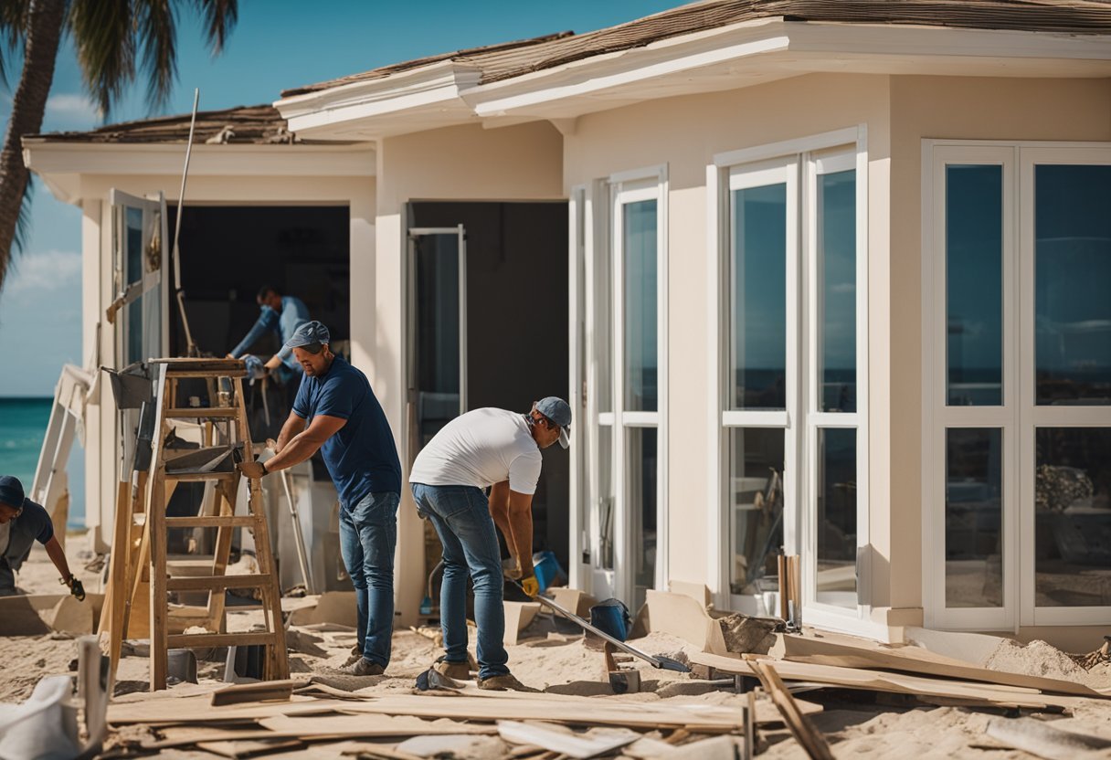 A sunny beachside house being renovated, with workers using tools and materials to update the exterior and interior
