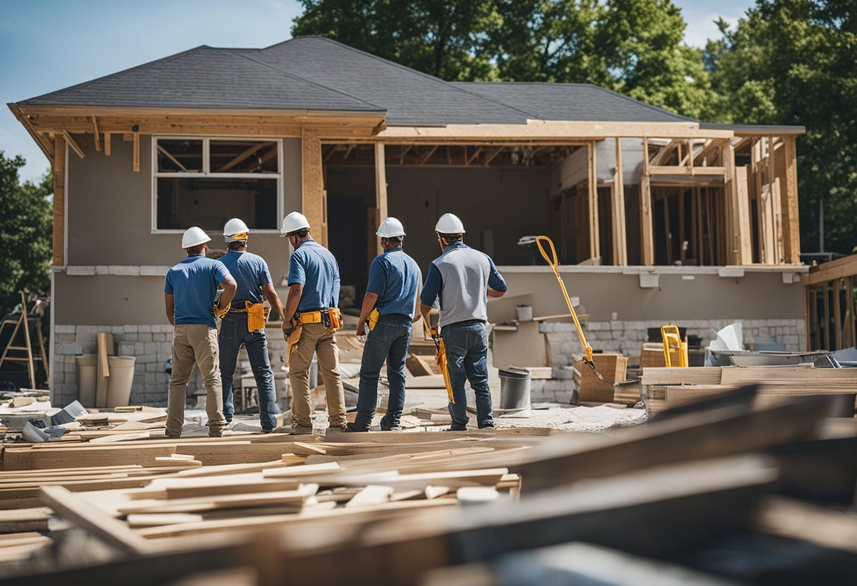 A group of contractors working on renovating a house in the Toronto beaches, with tools and construction materials scattered around the site