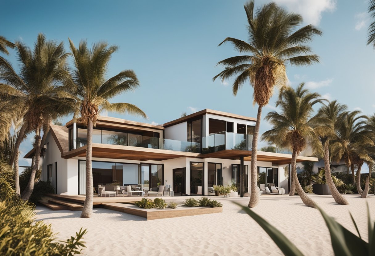A sunny beach with a newly built home addition, surrounded by palm trees and a clear blue sky