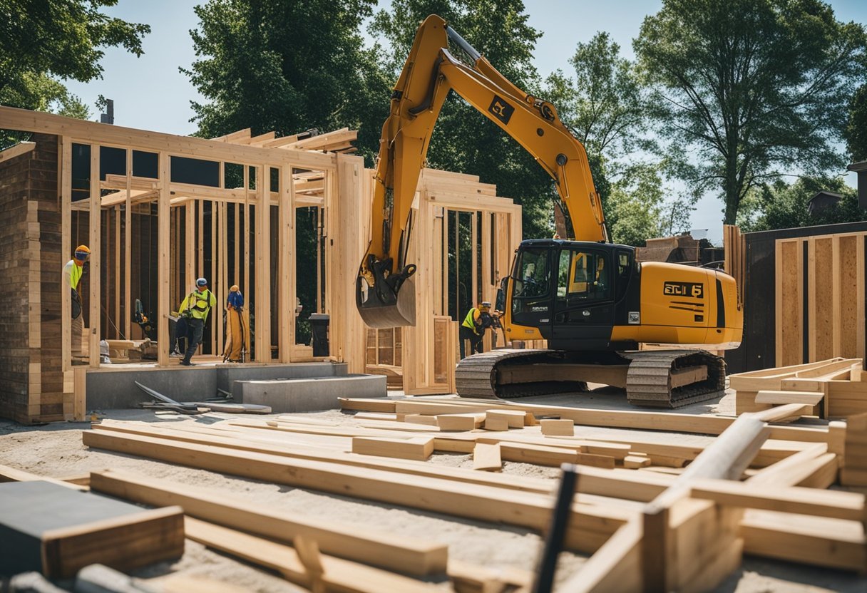 A construction site in the Toronto Beaches with ELJ contracting workers building a home addition, surrounded by tools and materials