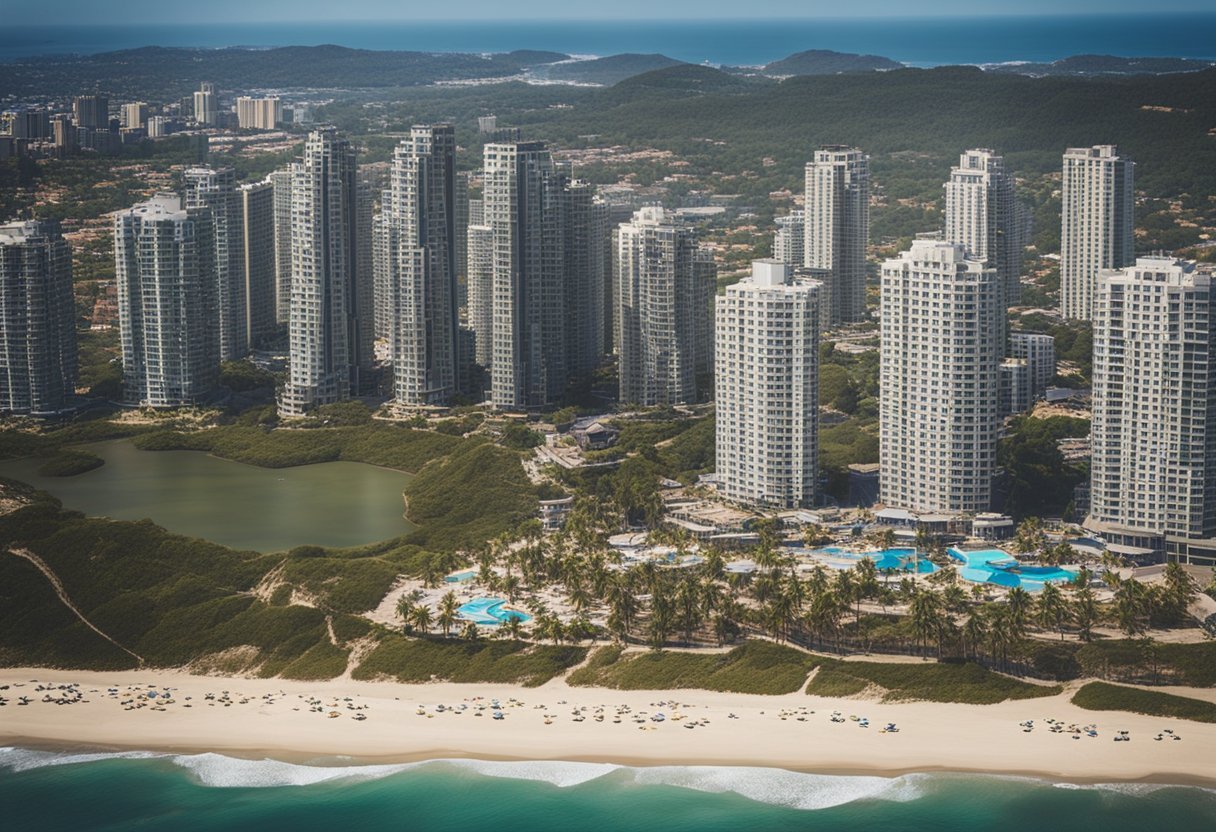 A sunny beachfront with new home additions under construction, surrounded by bustling cityscape