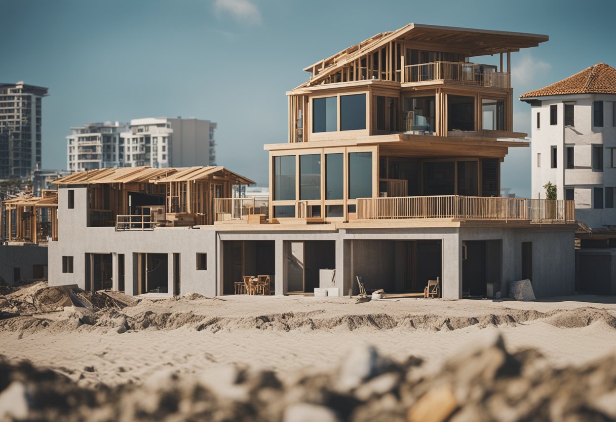 A sunny beachfront with a modern home under construction, surrounded by construction materials and equipment