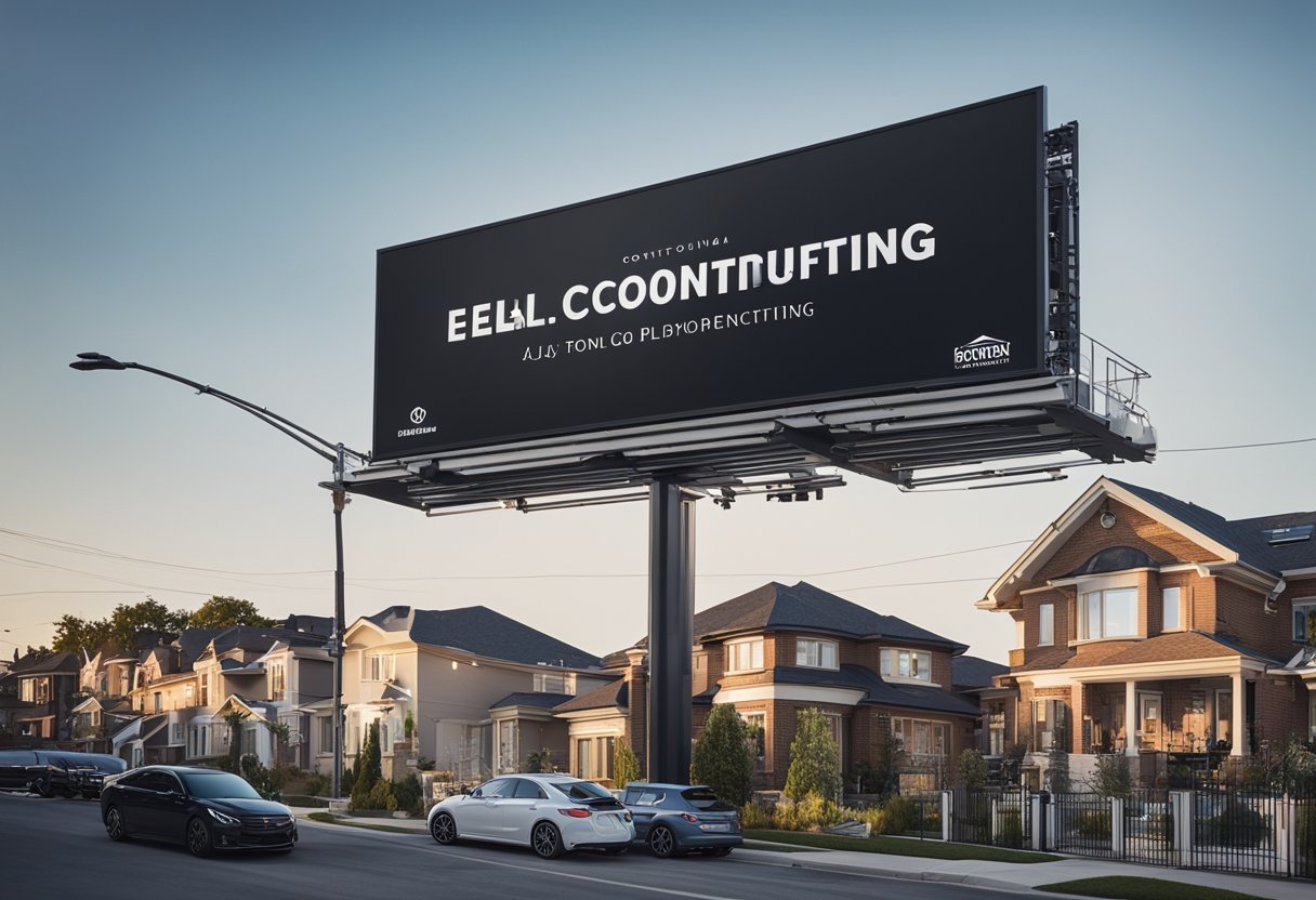 A bustling city street with a prominent ELJ contracting billboard, surrounded by newly built home additions in the Toronto beaches