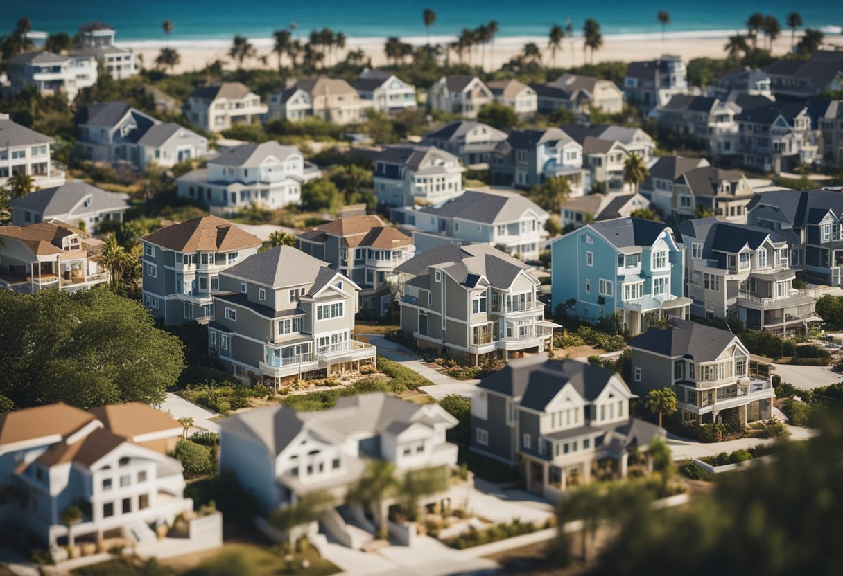 A sunny beachside neighborhood with new home additions under construction, surrounded by bustling activity
