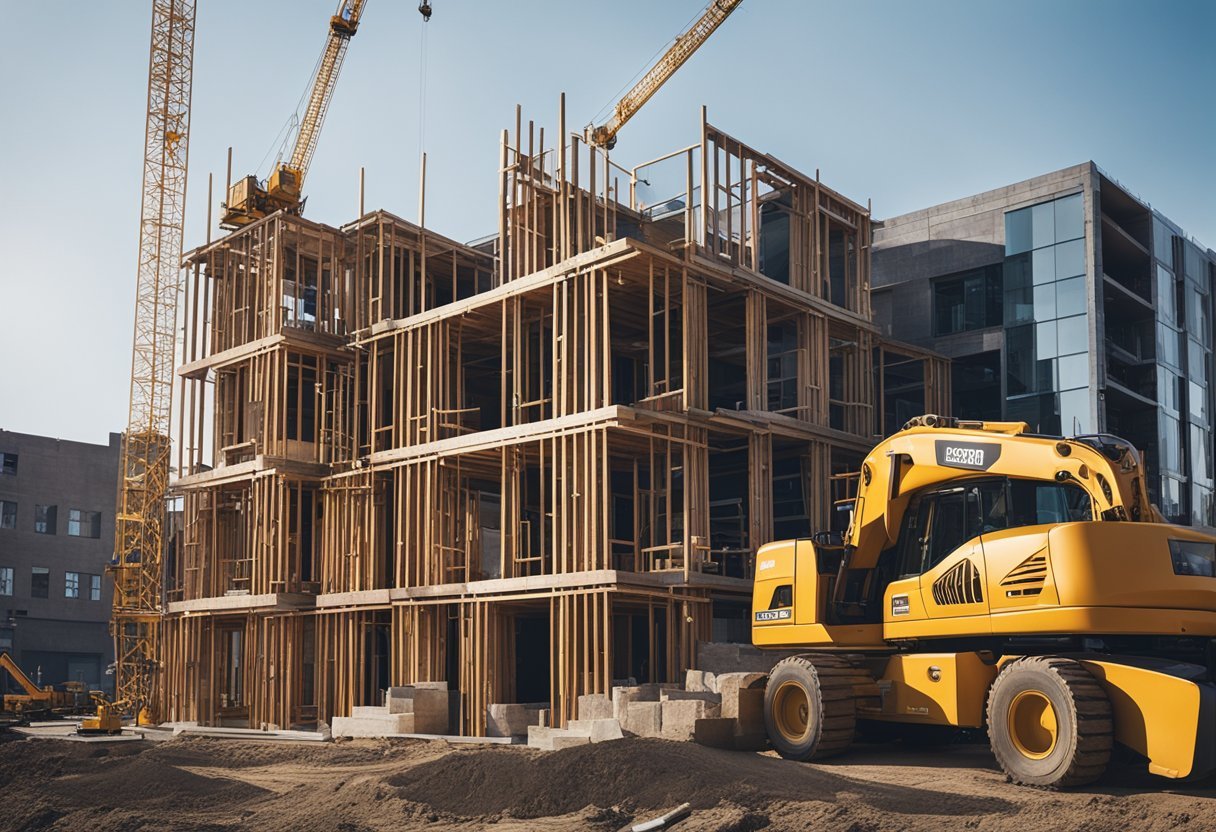 A construction site in Toronto with a newly built home, surrounded by construction equipment and workers
