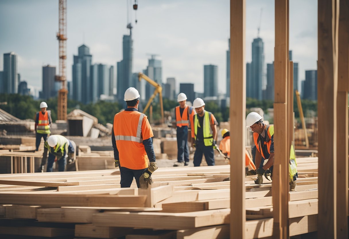 A construction site with workers in hardhats and safety gear, using quality materials to build homes in the Toronto area