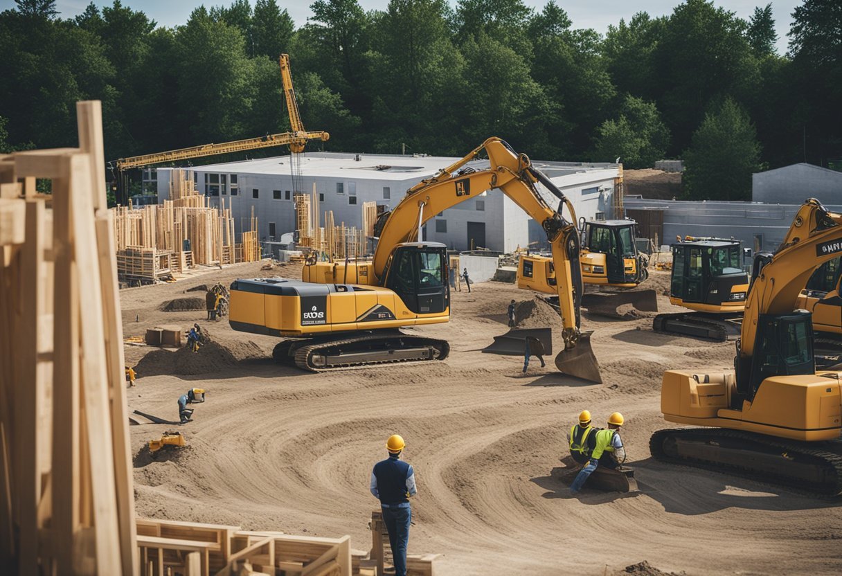 A construction site in Toronto with a newly built home, surrounded by construction equipment and workers