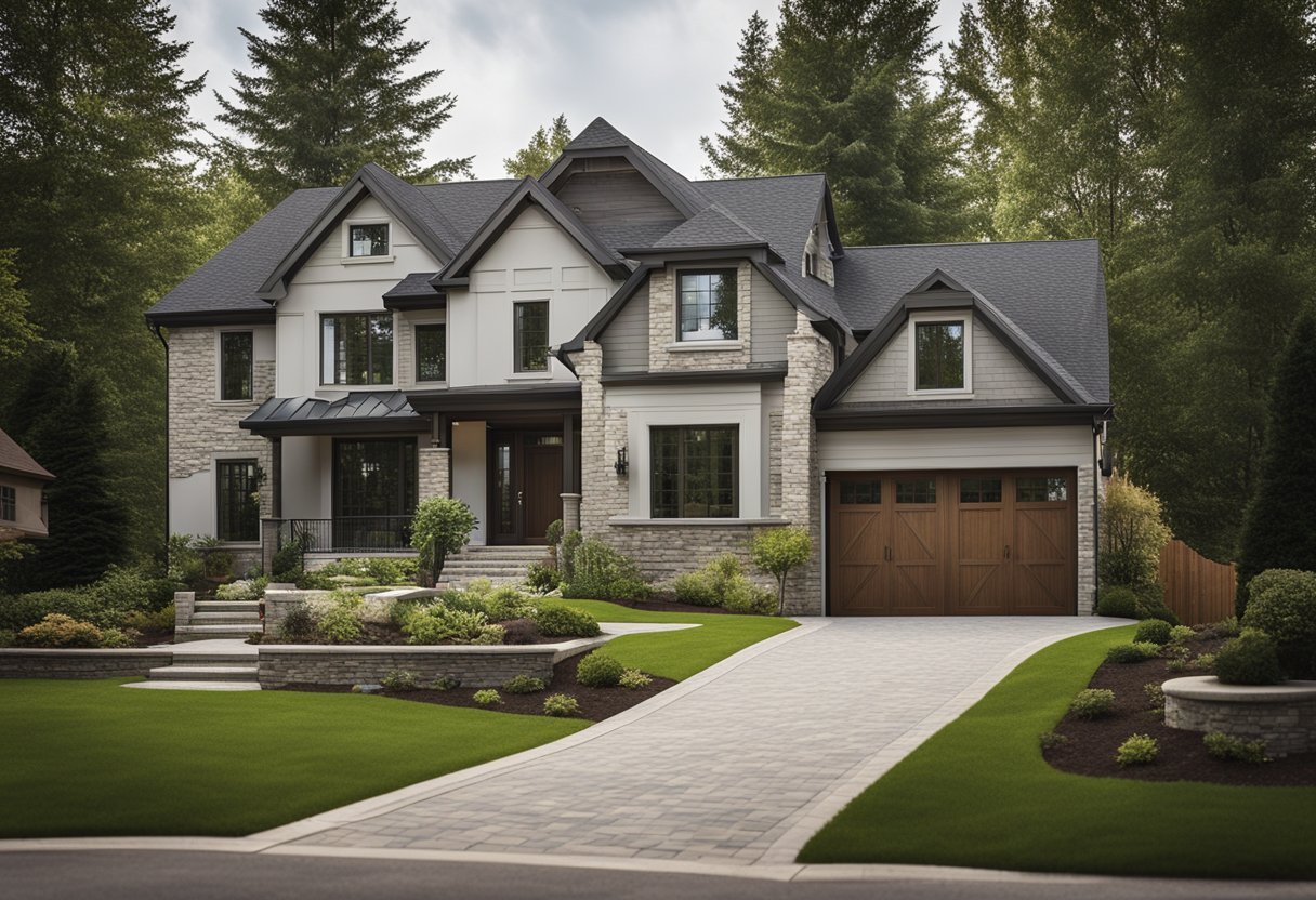 A suburban house with a newly constructed basement entrance, surrounded by trees and a paved driveway